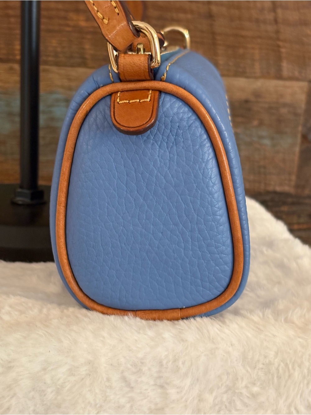 Dooney & Bourke Blue Pebble Leather Mini Barrel Bag with Brown Trim - Picture 5 of 11